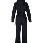 Women’s black insulated ski suit back view with hood and cinched waist, full-length pants.