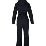 Women’s black insulated ski suit back view with hood and cinched waist, full-length pants.