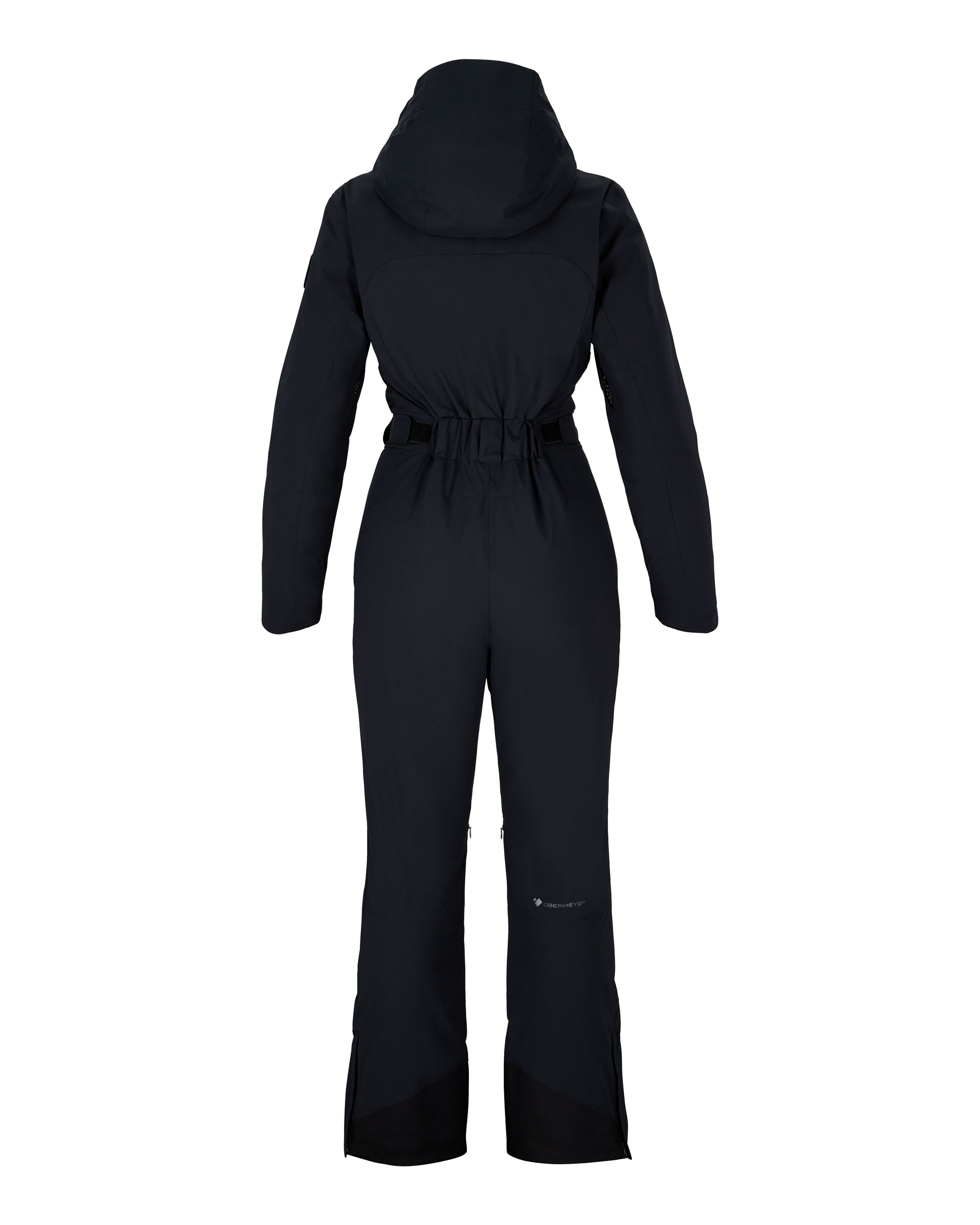 Women’s black insulated ski suit back view with hood and cinched waist, full-length pants.