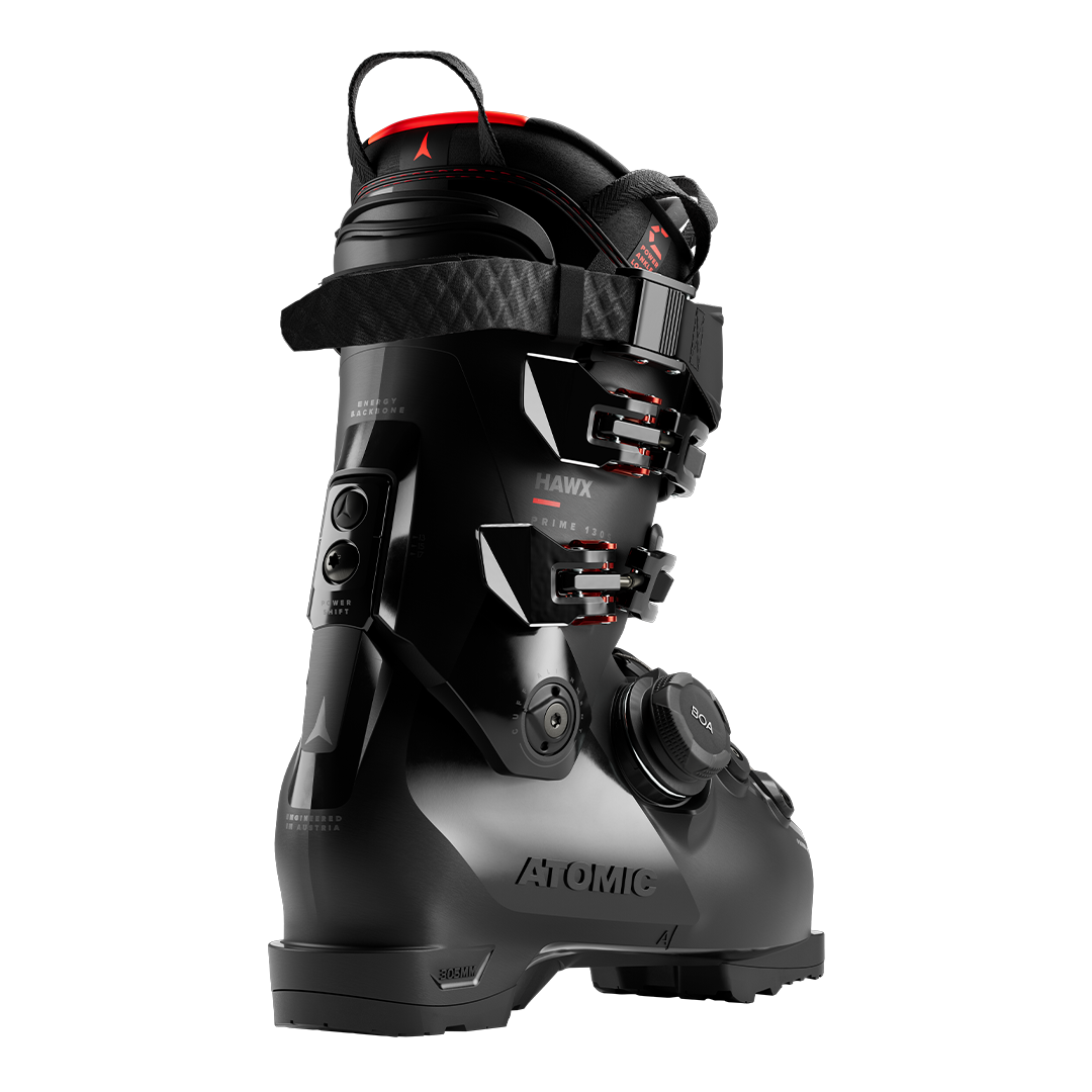 Atomic Hawx Prime 130 - Black ski boots with red accents and a black BOA dial on the side.