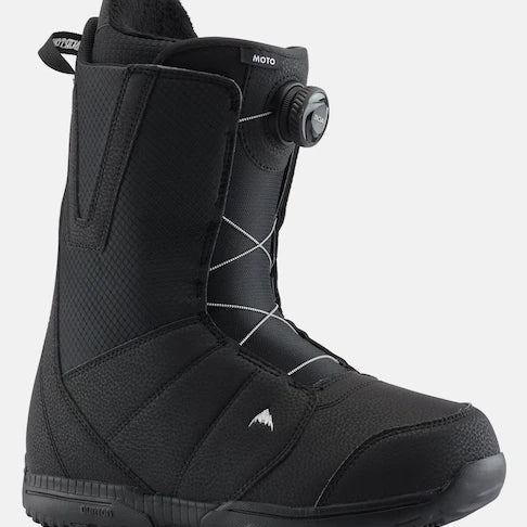Burton Moto Boa Snowboard Boots 2025 - Black snowboard boots with white stitching and a round black dial on the side.