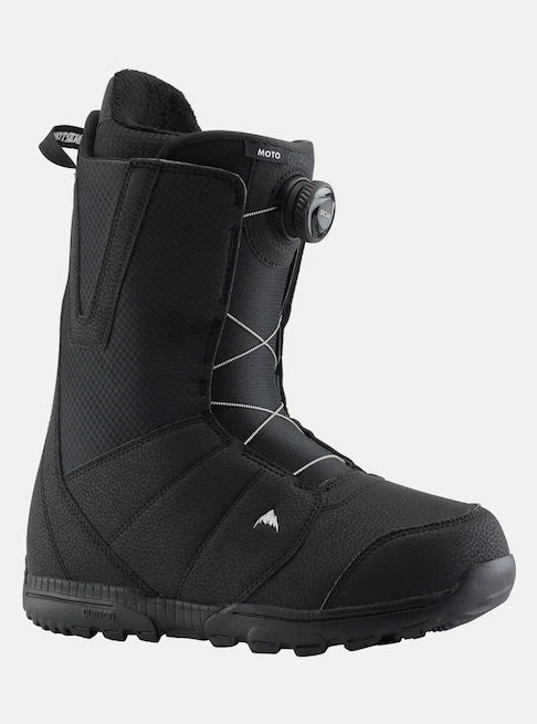 Burton Moto Boa Snowboard Boots 2025 - Black snowboard boots with white stitching and a round black dial on the side.