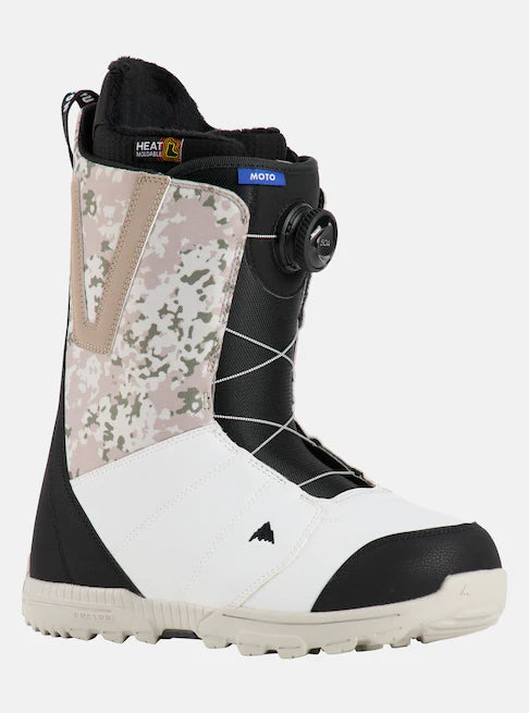 Burton Moto Boa Snowboard Boots 2025 - Black snowboard boots with a camouflage pattern on the side and white laces.