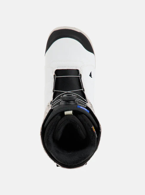 Burton Moto Boa Snowboard Boots 2025 - Black snowboard boots with white accents and a black boa dial on top.