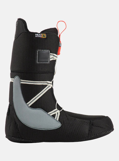 Burton Moto Boa Snowboard Boots 2025 - Black snowboard boots with white stitching and a red pull tab on the back.