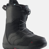 Burton Women's Mint Boa Snowboard Boots 2025 - Black snowboard boots with white accents and a red logo on the toe.