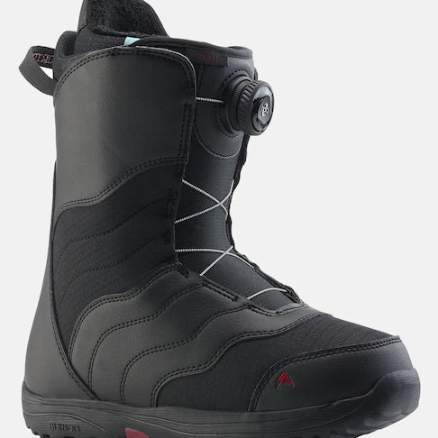 Burton Women's Mint Boa Snowboard Boots 2025 - Black snowboard boots with white accents and a red logo on the toe.