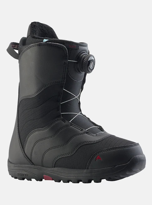 Burton Women's Mint Boa Snowboard Boots 2025 - Black snowboard boots with white accents and a red logo on the toe.