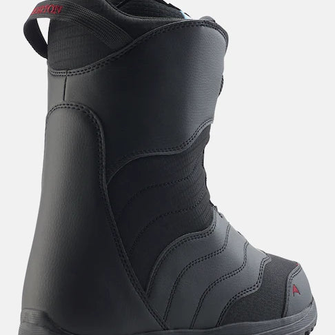 Burton Women's Mint Boa Snowboard Boots 2025 - Black snowboard boots with red accents and a textured pattern on the toe cap.