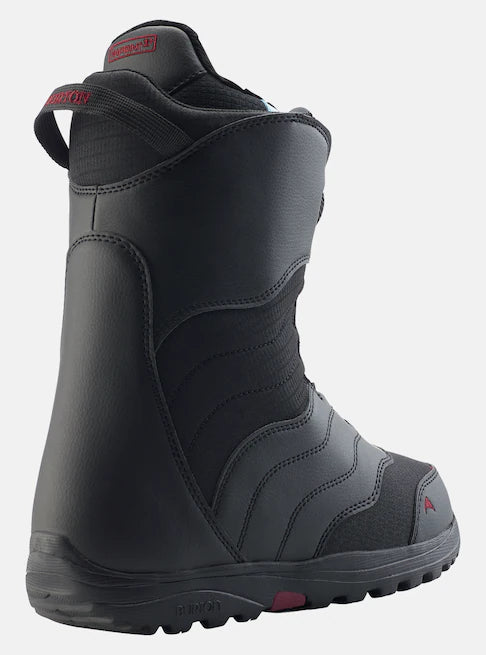 Burton Women's Mint Boa Snowboard Boots 2025 - Black snowboard boots with red accents and a textured pattern on the toe cap.