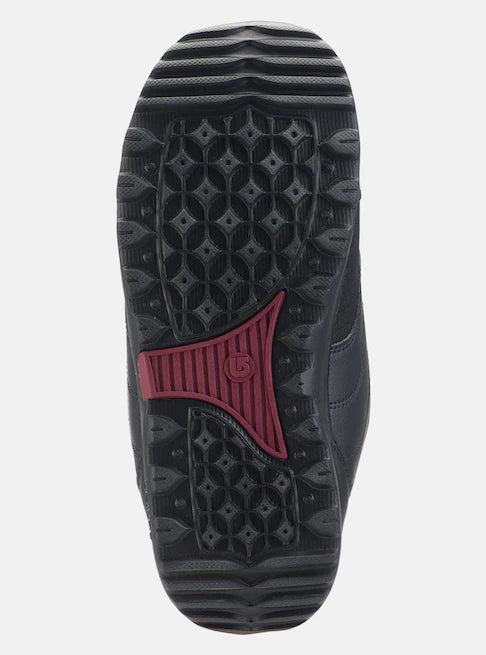 Burton Women's Mint Boa Snowboard Boots 2025 - Black snowboard boots with a pink boa and white accents.