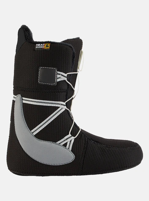 Burton Women's Mint Boa Snowboard Boots 2025 - Black snowboard boots with white laces and a silver buckle.