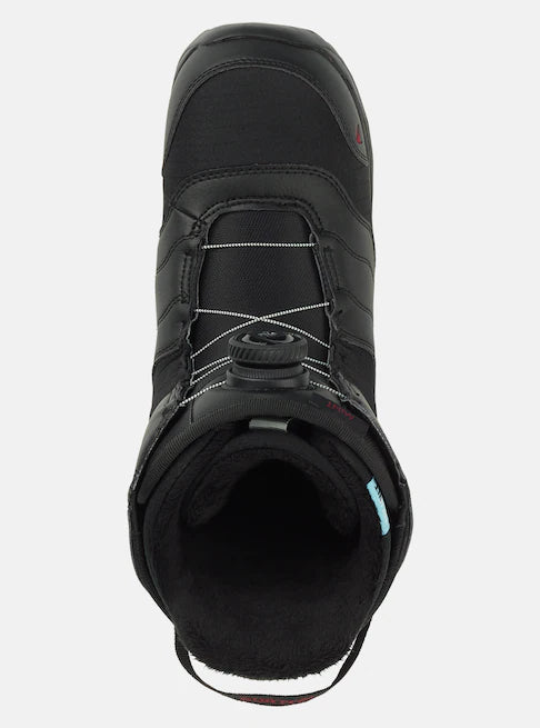 Burton Women's Mint Boa Snowboard Boots 2025 - Black snowboard boots with white accents and a mint-colored logo on the side.
