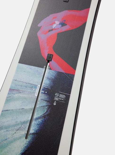 Burton Talent Scout Snowboard 2025 - A black snowboard with a white logo on top of a blue and red graphic design.