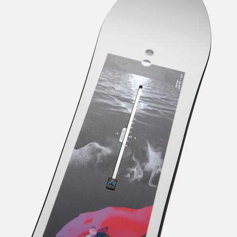 Burton Talent Scout Snowboard 2025 - A black-and-white snowboard with a white stripe and red accents on the top sheet.