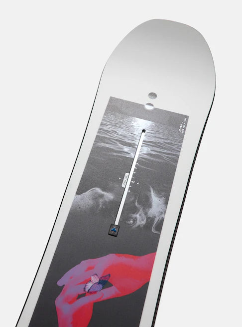 Burton Talent Scout Snowboard 2025 - A black-and-white snowboard with a white stripe and red accents on the top sheet.