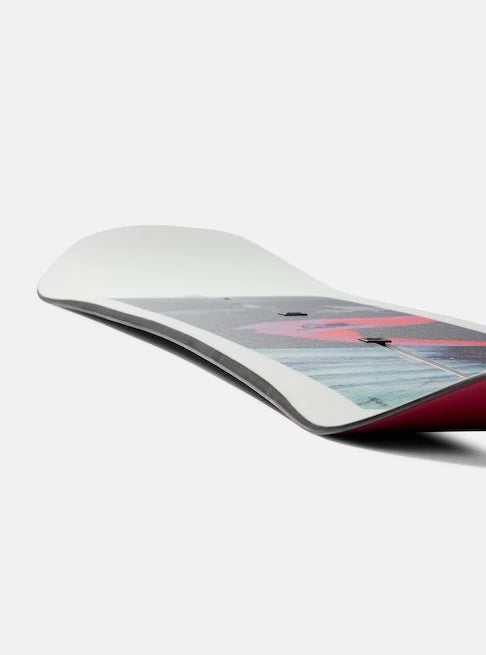 Burton Talent Scout Snowboard 2025 - A snowboard with a black base and white top, featuring a pink logo on the bottom.