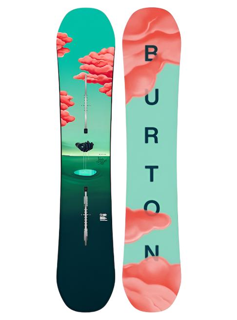 Burton Women's Yeasayer Snowboard 2025 - A snowboard with a light blue background and pink clouds, featuring a black silhouette of a woman riding it in mid-air.