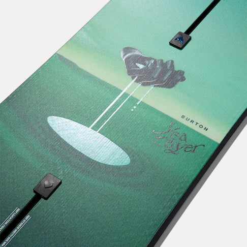 Burton Women's Yeasayer Snowboard 2025 - A green snowboard with a pink cloud design on top and a white oval shape in the middle.