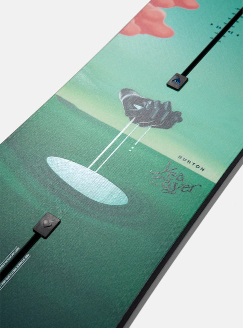 Burton Women's Yeasayer Snowboard 2025 - A green snowboard with a pink cloud design on top and a white oval shape in the middle.