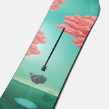 Burton Women's Yeasayer Snowboard 2025 - A green snowboard with a pink cloud design on top of a mountain landscape.