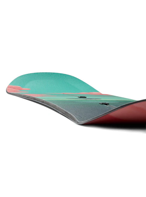 Burton Women's Yeasayer Snowboard 2025 - A snowboard with a teal top sheet and pink accents on the tail.