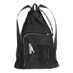 Speedo Deluxe Ventilator Mesh Swim Bag - A black mesh bag with a zippered top and two long straps, featuring the word "speedo" in white on one side.