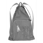 Speedo Deluxe Ventilator Mesh Swim Bag - A gray swim bag with a mesh material and a zippered pocket on the front, featuring the brand name "Speedo" in white letters.