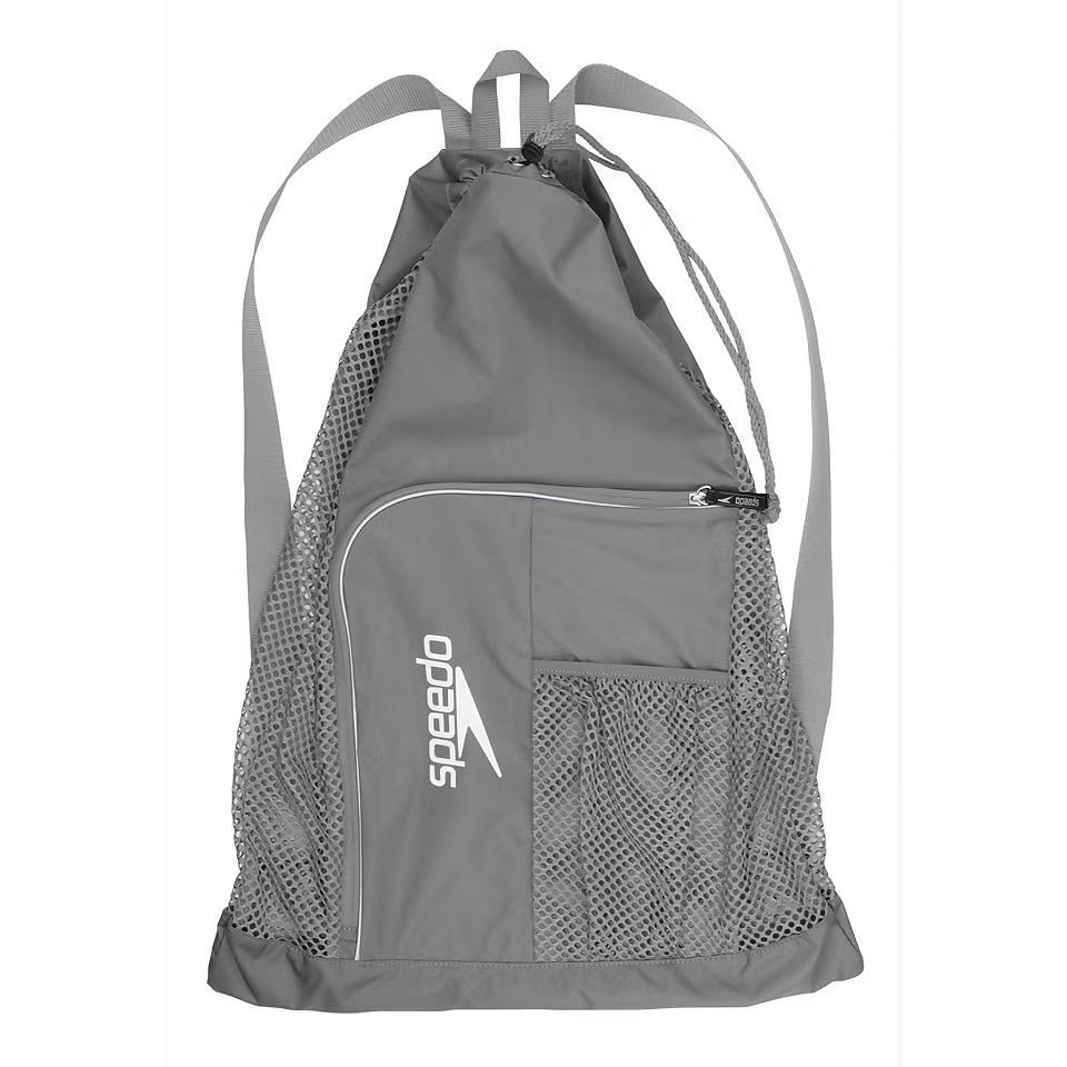 Speedo Deluxe Ventilator Mesh Swim Bag - A gray swim bag with a mesh material and a zippered pocket on the front, featuring the brand name "Speedo" in white letters.