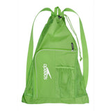 Speedo Deluxe Ventilator Mesh Swim Bag - A lime green swim bag with a mesh front and back, featuring a zippered top and two long shoulder straps.