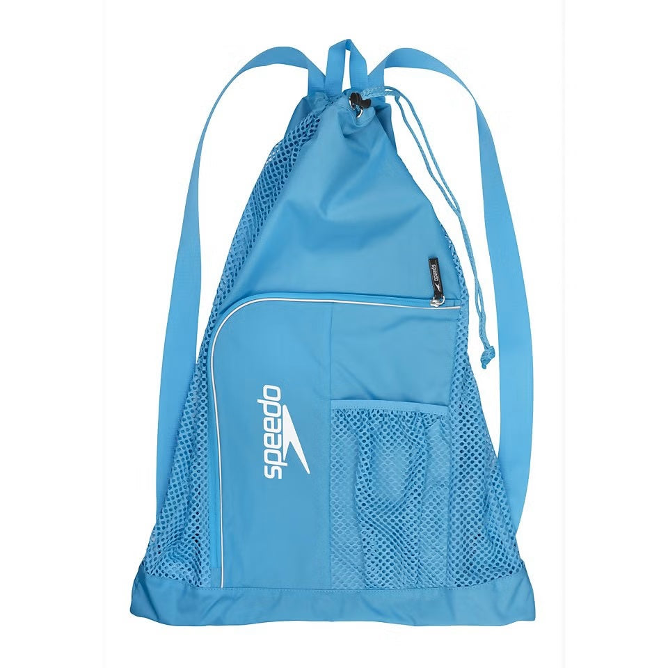 Speedo Deluxe Ventilator Mesh Swim Bag - A light blue swim bag with a mesh front and back, featuring a zippered top and two long shoulder straps.