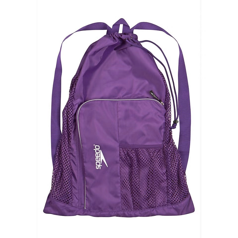 Speedo Deluxe Ventilator Mesh Swim Bag - A purple swim bag with a mesh front and back, featuring two long shoulder straps and a zippered top.