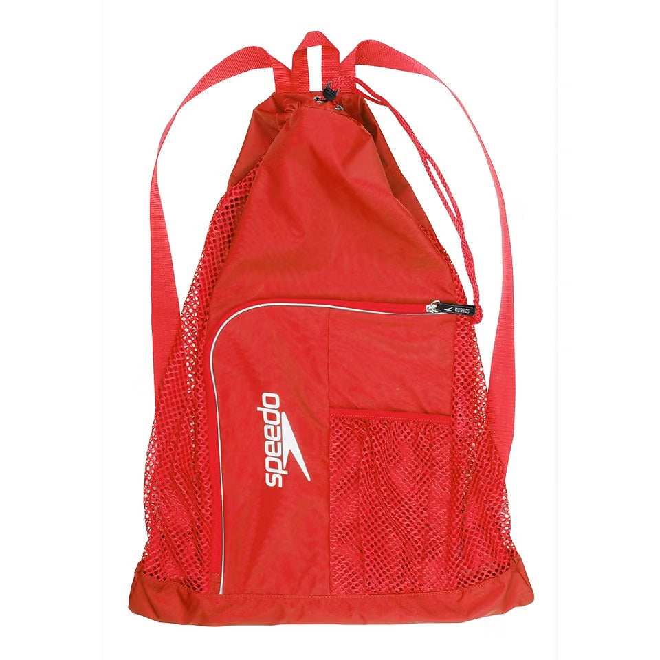 Speedo Deluxe Ventilator Mesh Swim Bag - A red swim bag with a mesh design and a zippered pocket on the front, featuring the brand's logo in white.