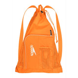 Speedo Deluxe Ventilator Mesh Swim Bag - A large orange mesh bag with a zippered top and two long shoulder straps, featuring a white logo on the front that reads "speedo" in bold letters.