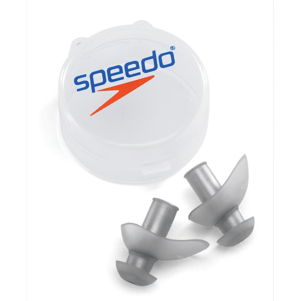 Speedo Ergo Ear Plugs - A pair of small, gray earplugs with a smooth, rounded shape and a short cylindrical stem at the top.