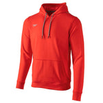 Speedo Long Sleeve Hooded Sweatshirt - A red long-sleeved hoodie with a hood and drawstrings, featuring the brand name "speedo" in white on the left chest area.