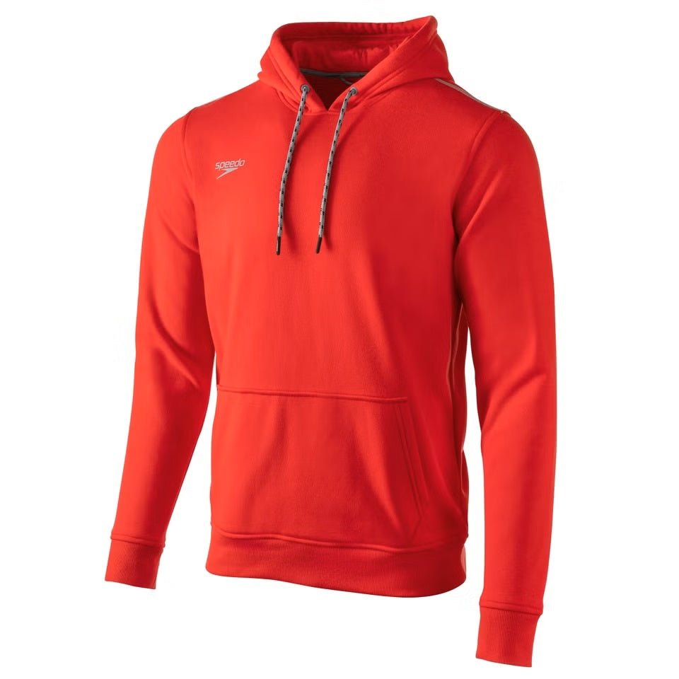Speedo Long Sleeve Hooded Sweatshirt - A red long-sleeved hoodie with a hood and drawstrings, featuring the brand name "speedo" in white on the left chest area.