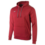 Speedo Long Sleeve Hooded Sweatshirt - A red long-sleeved hoodie with a hood and drawstrings, featuring the brand name "speedo" in white on the left chest area.