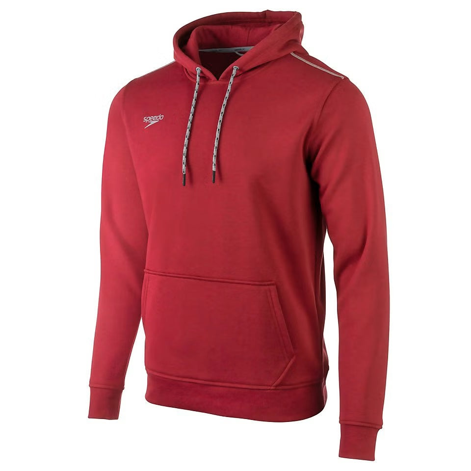 Speedo Long Sleeve Hooded Sweatshirt - A red long-sleeved hoodie with a hood and drawstrings, featuring the brand name "speedo" in white on the left chest area.