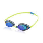 Speedo Vanquisher 2.0 Mirrored Swim Goggle - A pair of mirrored swim goggles with a sleek, modern design and a subtle blue tint on the lenses.