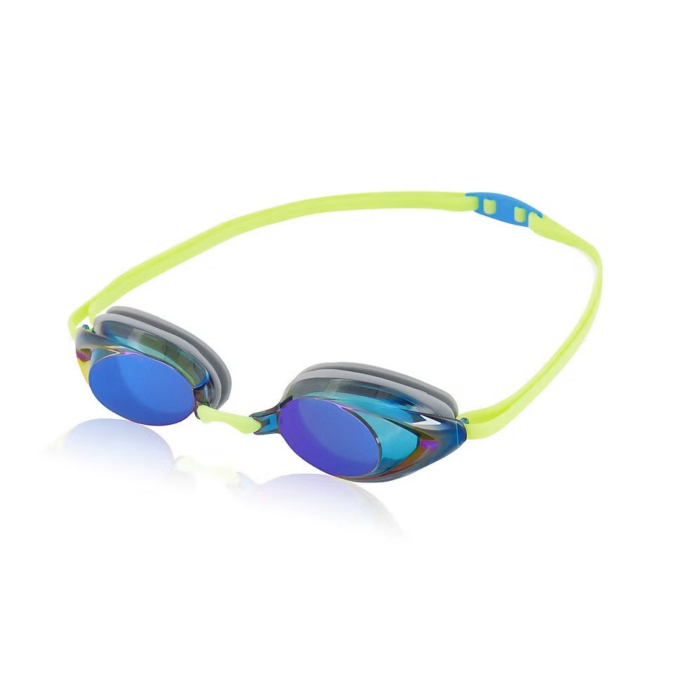 Speedo Vanquisher 2.0 Mirrored Swim Goggle - A pair of mirrored swim goggles with a sleek, modern design and a subtle blue tint on the lenses.