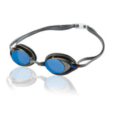 Speedo Vanquisher 2.0 Mirrored Swim Goggle - A pair of mirrored swim goggles with a sleek black frame and blue lenses.