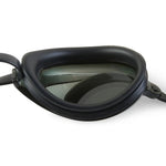 Speedo Vanquisher 2.0 Optical Mirrored Prescription Goggle - A pair of mirrored goggles with a dark gray frame and black straps, featuring an optical lens for clear underwater vision.