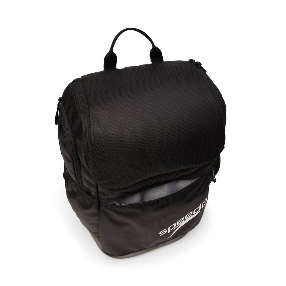 Speedo Teamster 2.0 Swim Backpack - Black backpack with zippered pockets and a handle on top.