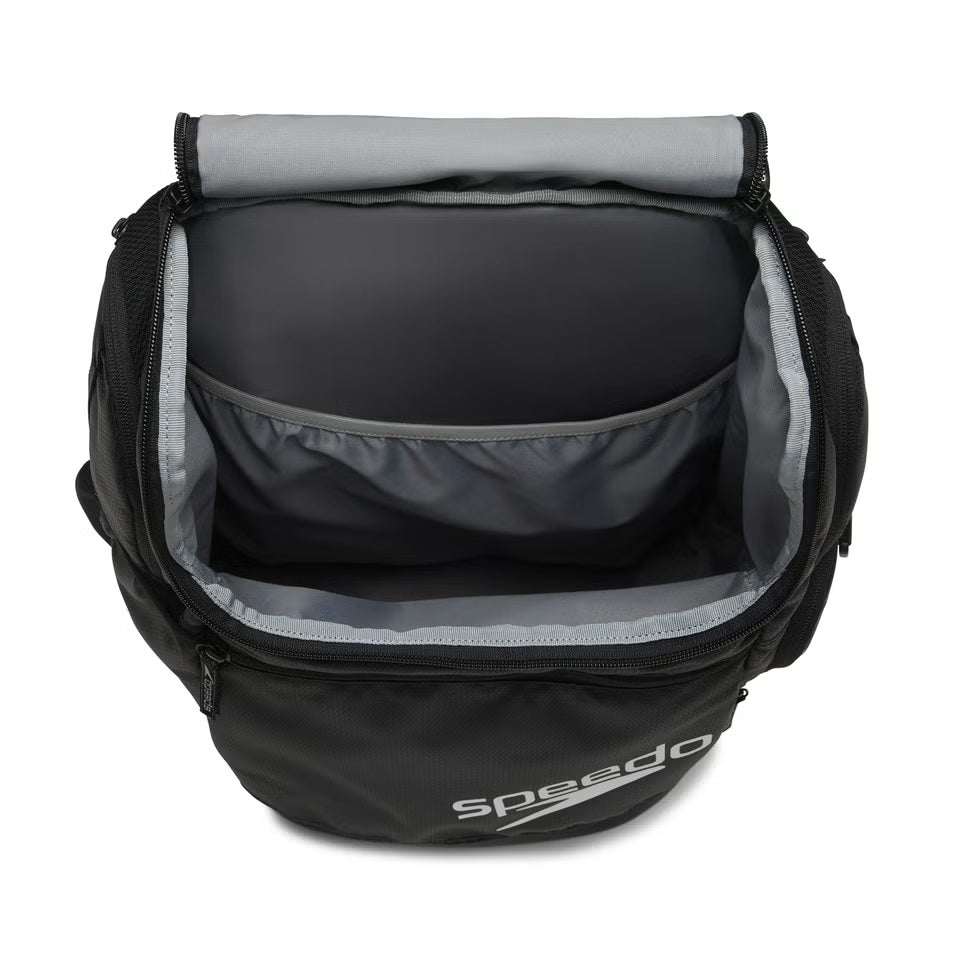 Speedo Teamster 2.0 Swim Backpack - Black backpack with zippered pockets and a mesh water bottle holder on one side.