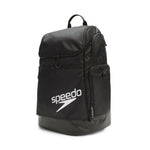 Speedo Teamster 2.0 Swim Backpack - A black backpack with a zippered main compartment and two smaller pockets on either side, featuring a white logo that reads "speedo" in bold letters.