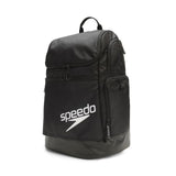 Speedo Teamster 2.0 Swim Backpack - A black backpack with a zippered main compartment and two smaller pockets on either side, featuring a white logo that reads "speedo" in bold letters.
