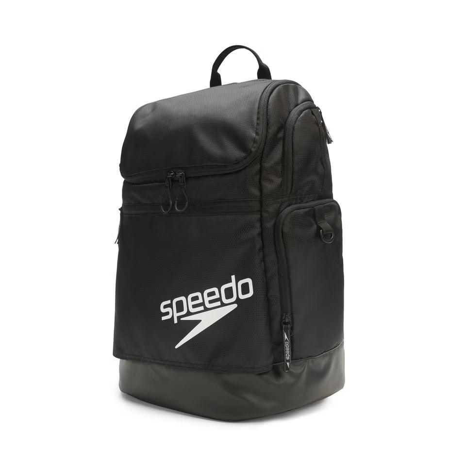 Speedo Teamster 2.0 Swim Backpack - A black backpack with a zippered main compartment and two smaller pockets on either side, featuring a white logo that reads "speedo" in bold letters.