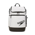 Speedo Teamster 2.0 Swim Backpack - A white backpack with black trim and a zippered front pocket, featuring a handle on top and adjustable shoulder straps.