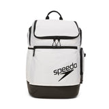Speedo Teamster 2.0 Swim Backpack - A white backpack with black trim and a zippered front pocket, featuring a handle on top and adjustable shoulder straps.